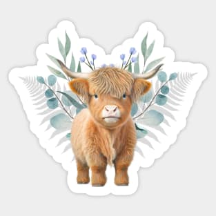 Adorable baby Scottish mountain Cow - beautiful flowers and leaves Sticker